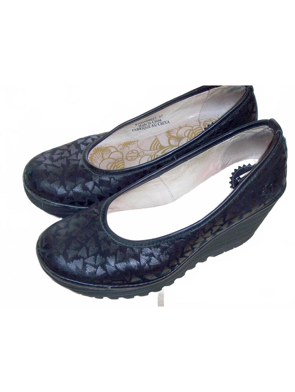 Fly London Yalu Black Geometric Leather Wedge Pumps 6.5
